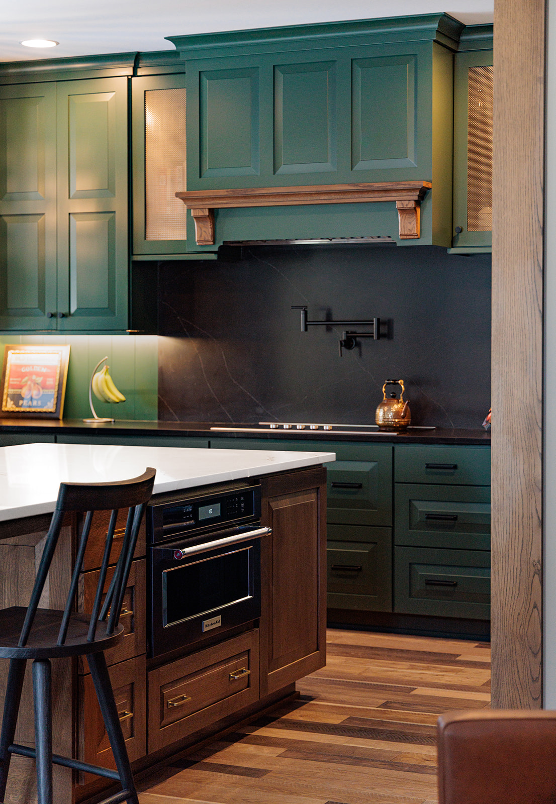 Gather Green kitchen stove angled shot